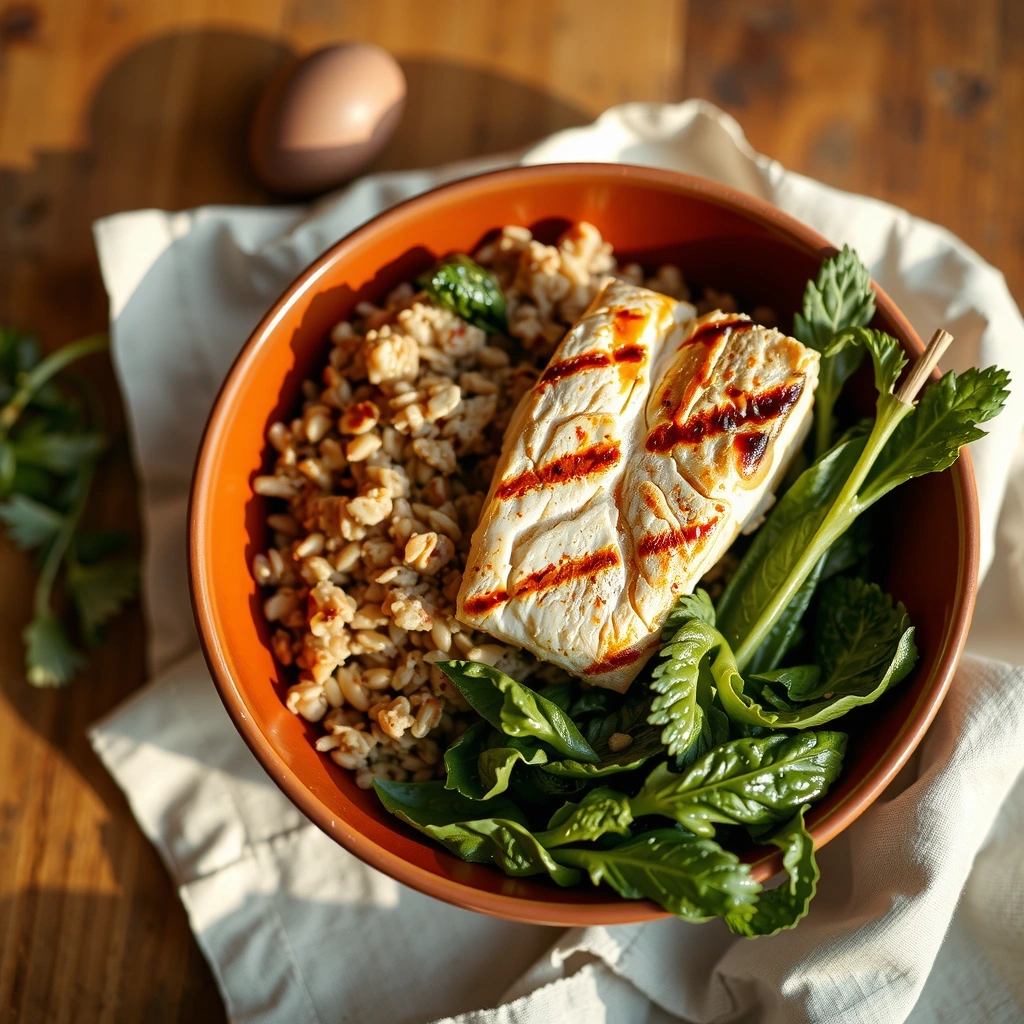 จานอาหารสมดุลประกอบด้วยข้าว ผักใบเขียว และโปรตีนคุณภาพ