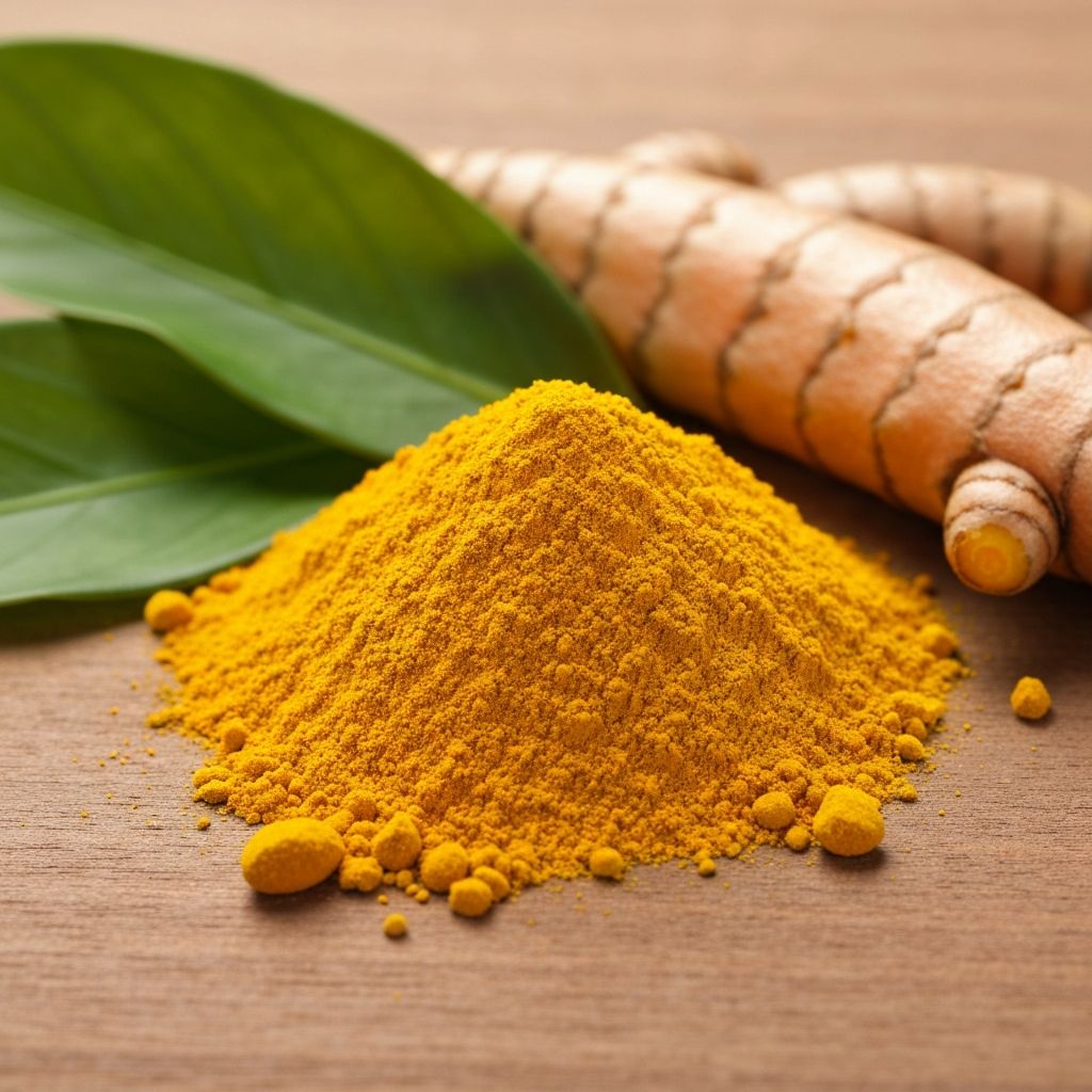 Kurkuma por és friss levél